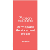 A red rectangular box displays the Clean Nectarine logo and reads "Clean Nectarine Replacement Blades For Reusable Metal Dermaplaner - 2pc" in crisp white font, highlighting these reusable dermaplane razor blades.