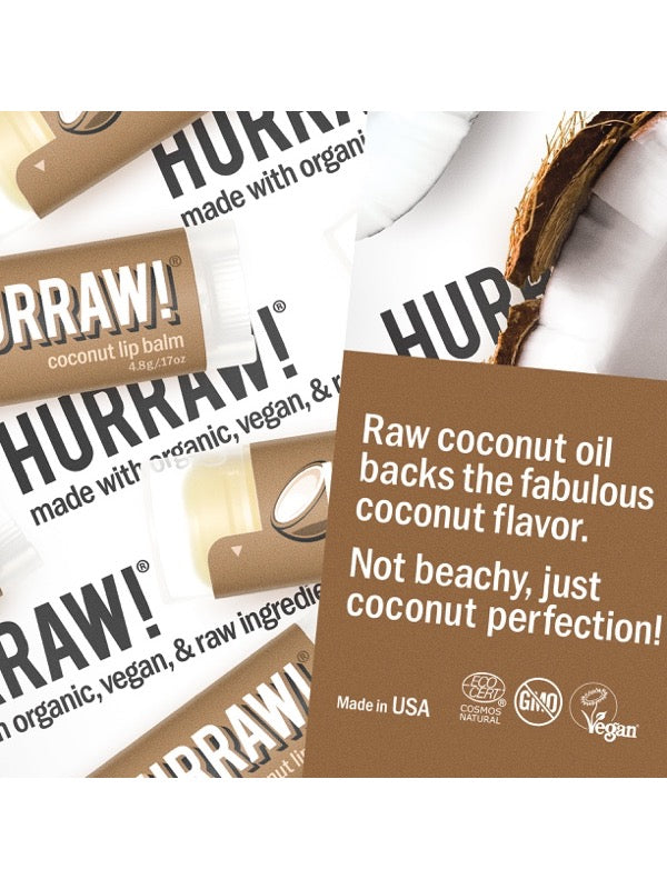 Product and flavour details for Hurraw! Organic Lip Balm - Coconut 4.8g