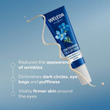 A tube of Weleda Contouring Eye & Lip Cream with a cream texture swatch is surrounded by efficacy data. Text highlights benefits: "Reduces the…