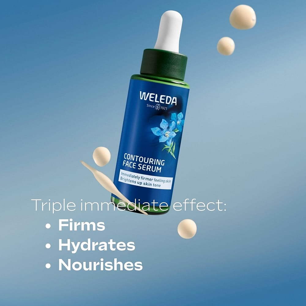 A bottle of Weleda Contouring Face Serum with serum texture droplets is surrounded by efficacy data. Text below reads: "Triple immediate effect: Firms,…