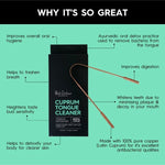Mint-green Cuprum Tongue Cleaner graphic shows a copper scraper and carton. Text describes pure copper's antibacterial properties and claims improved oral hygiene, fresher breath, taste sensitivity, tongue bacteria removal, digestion, teeth whitening through less plaque and decay, and detoxification for clearer skin.