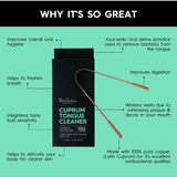 Mint-green Cuprum Tongue Cleaner graphic shows a copper scraper and carton. Text describes pure copper's antibacterial properties and claims improved oral hygiene, fresher breath, taste sensitivity, tongue bacteria removal, digestion, teeth whitening through less plaque and decay, and detoxification for clearer skin.