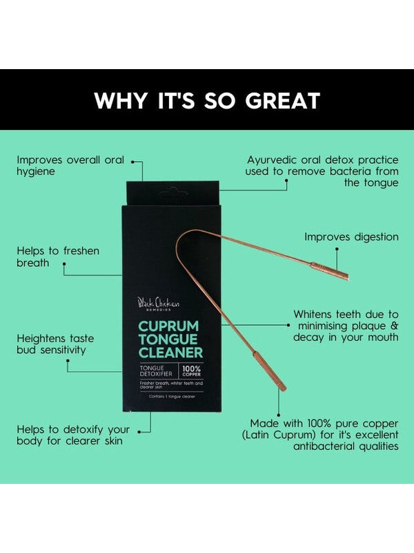Mint-green Cuprum Tongue Cleaner graphic shows a copper scraper and carton. Text describes pure copper's antibacterial properties and claims improved oral hygiene, fresher breath, taste sensitivity, tongue bacteria removal, digestion, teeth whitening through less plaque and decay, and detoxification for clearer skin.