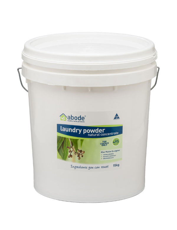 Abode Laundry Powder Eucalyptus 15kg bulk bucket with metal handle, Blue Mallee eucalyptus natural concentrate for top loaders