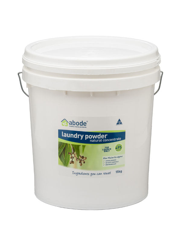 Abode Laundry Powder Eucalyptus 15kg bulk bucket with metal handle, Blue Mallee eucalyptus natural concentrate for top loaders