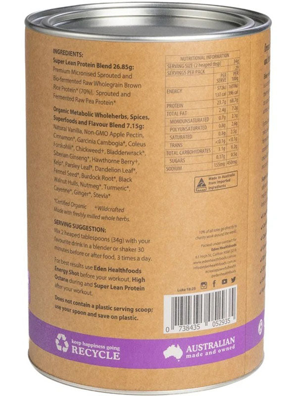 Back of the Eden Healthfoods Super Lean Protein Cinnamon and Vanilla tin showing ingredients and nutrition panel