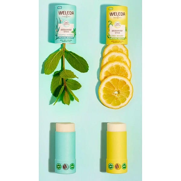 Deodorant Stick Citrus-Bergamot and Eucalyptus-Peppermint opened with peppermint leaves and slices of lemon.