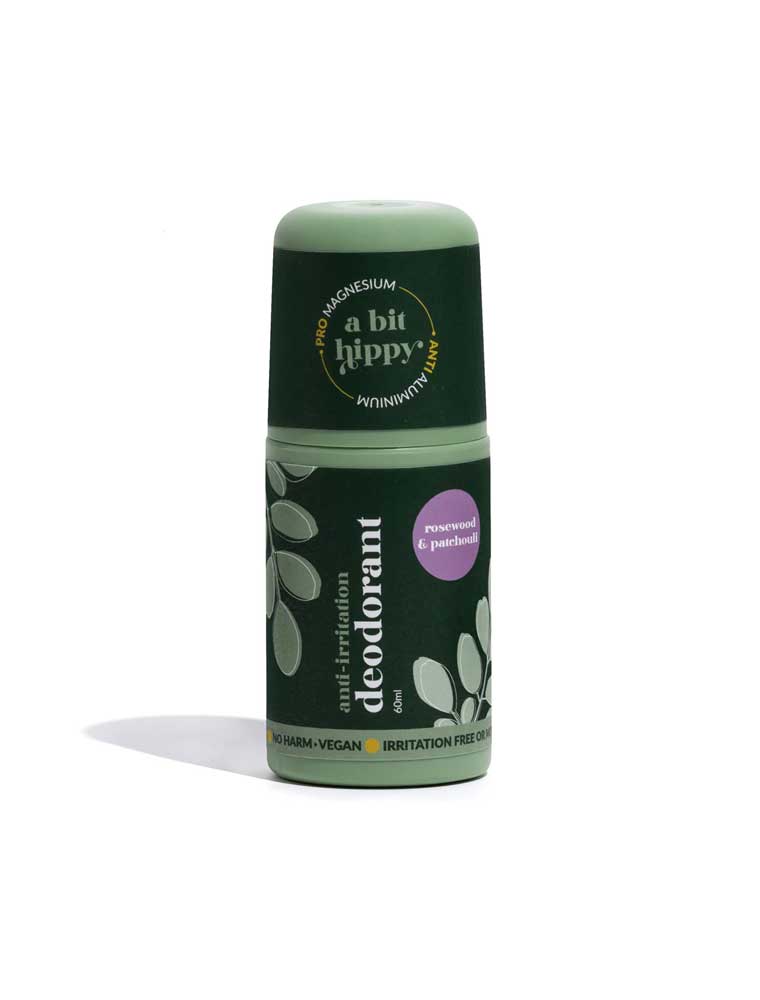 Green deodorant bottle with 'a bit hippy' branding on a white background