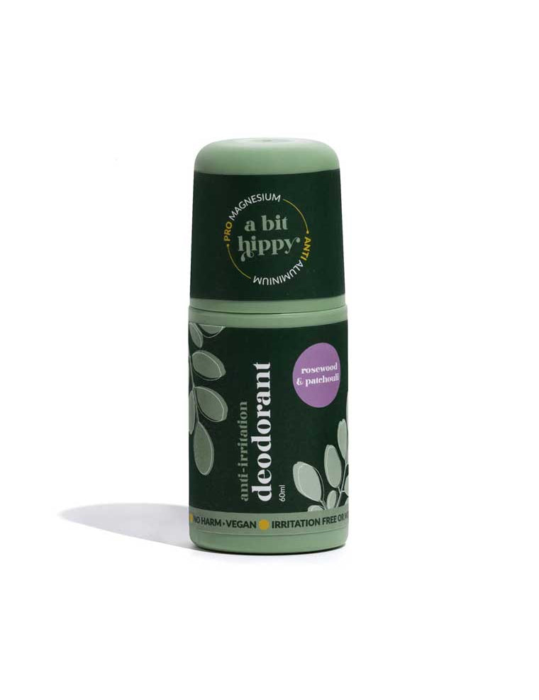 Green deodorant bottle with 'a bit hippy' branding on a white background
