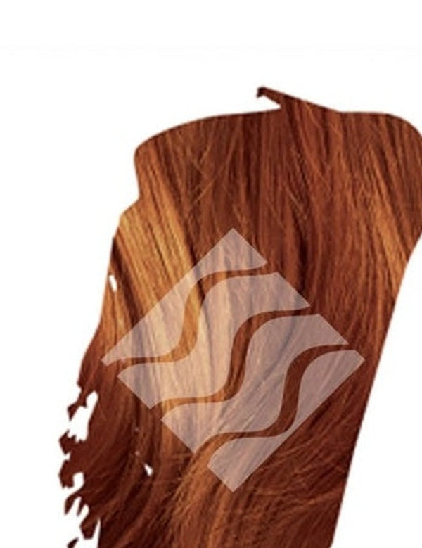 Close-up of reddish-brown hair representing Desert Shadow Caramel Shadow, cropped into an irregular brushstroke shape with the brand's pale geometric logo overlaid.