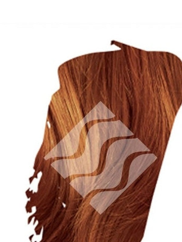 Close-up of reddish-brown hair representing Desert Shadow Caramel Shadow, cropped into an irregular brushstroke shape with the brand's pale geometric logo overlaid.