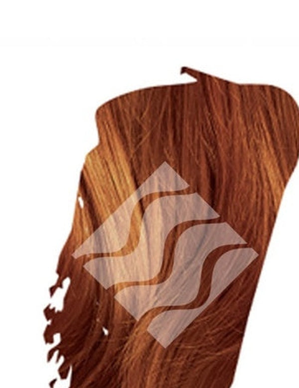 Reddish-brown hair swatch for Desert Shadow Chestnut Shadow, cropped into an irregular brushstroke shape with the brand's pale geometric logo overlaid.