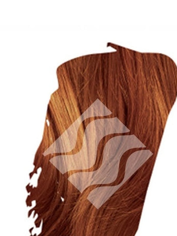 Reddish-brown hair swatch for Desert Shadow Chestnut Shadow, cropped into an irregular brushstroke shape with the brand's pale geometric logo overlaid.