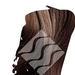 Close-up of dark brown hair with lighter brown highlights for Desert Shadow Chocolate Shadow, cropped into a brushstroke shape with the brand's pale geometric logo overlaid.