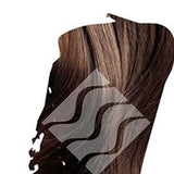 Close-up of dark brown hair with lighter brown highlights for Desert Shadow Chocolate Shadow, cropped into a brushstroke shape with the brand's pale geometric logo overlaid.