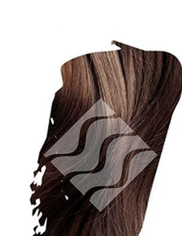 Close-up of dark brown hair with lighter brown highlights for Desert Shadow Chocolate Shadow, cropped into a brushstroke shape with the brand's pale geometric logo overlaid.
