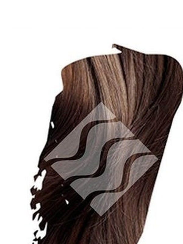 Close-up of dark brown hair with lighter brown highlights for Desert Shadow Chocolate Shadow, cropped into a brushstroke shape with the brand's pale geometric logo overlaid.