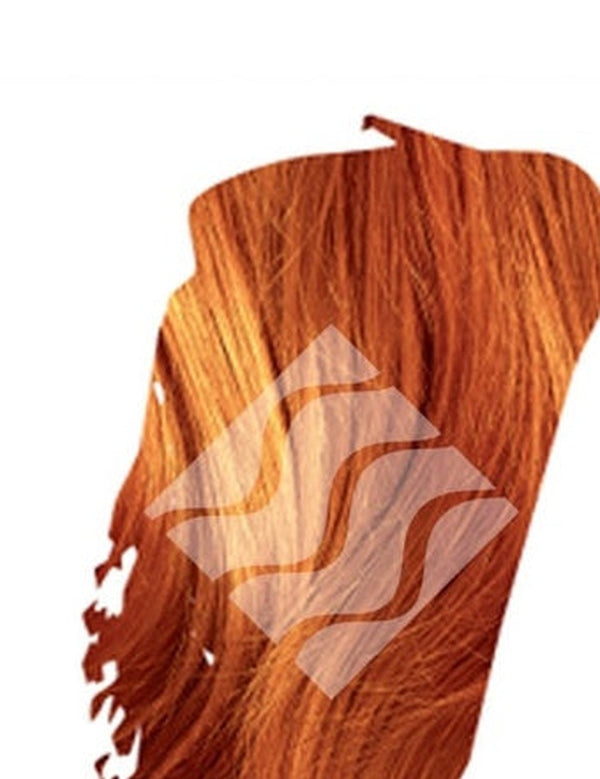 Close-up of bright copper-orange hair for Desert Shadow Copper Shadow, cropped into an irregular brushstroke shape with the brand's pale geometric logo overlaid.