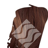 Close-up of dark warm brown hair for Desert Shadow Deep Chestnut Shadow, cropped into a brushstroke shape with the brand's pale geometric logo overlaid.