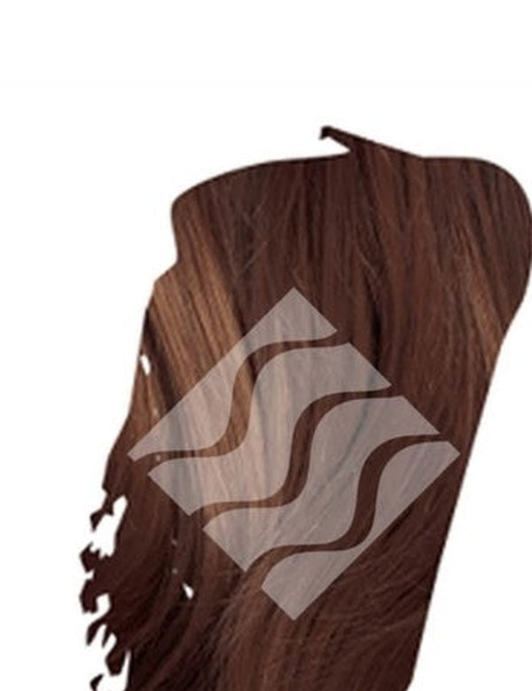 Close-up of dark warm brown hair for Desert Shadow Deep Chestnut Shadow, cropped into a brushstroke shape with the brand's pale geometric logo overlaid.