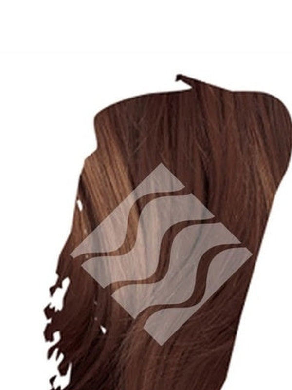 Close-up of dark warm brown hair for Desert Shadow Deep Chestnut Shadow, cropped into a brushstroke shape with the brand's pale geometric logo overlaid.