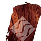 Close-up of deep copper-red hair with orange highlights for Desert Shadow Deep Red Shadow, cropped into a brushstroke shape with the brand's pale geometric logo overlaid.