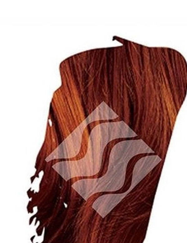 Close-up of deep copper-red hair with orange highlights for Desert Shadow Deep Red Shadow, cropped into a brushstroke shape with the brand's pale geometric logo overlaid.