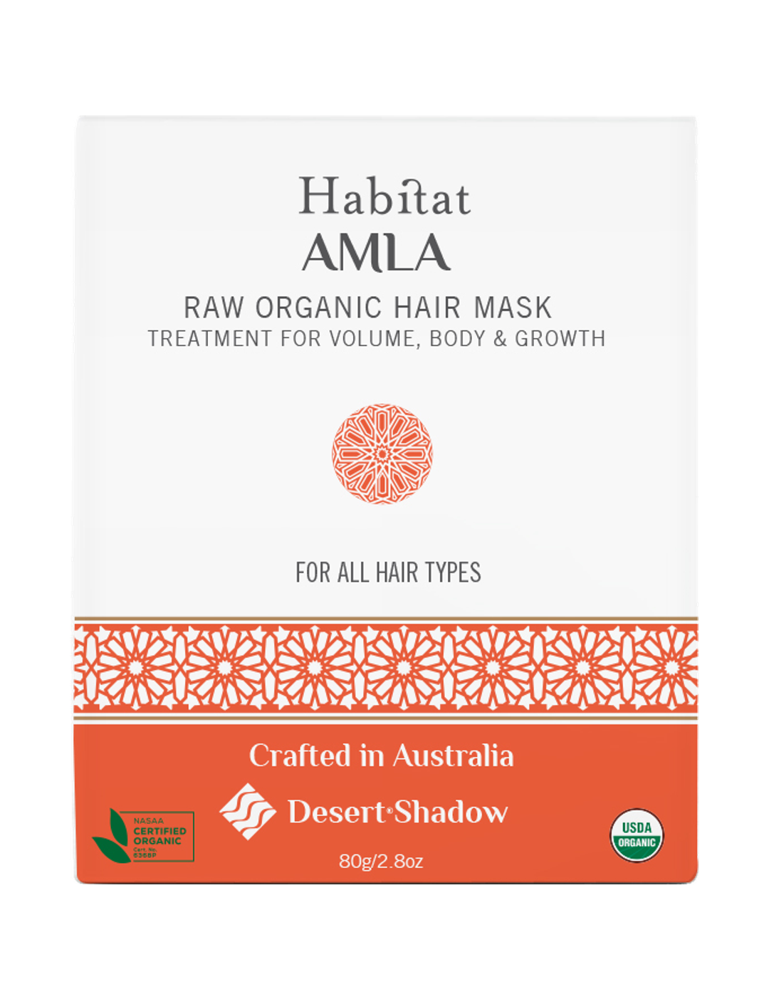 Desert Shadow Habitat Amla hair mask in a white rectangular pack with an orange patterned band, orange lower panel and circular motif.