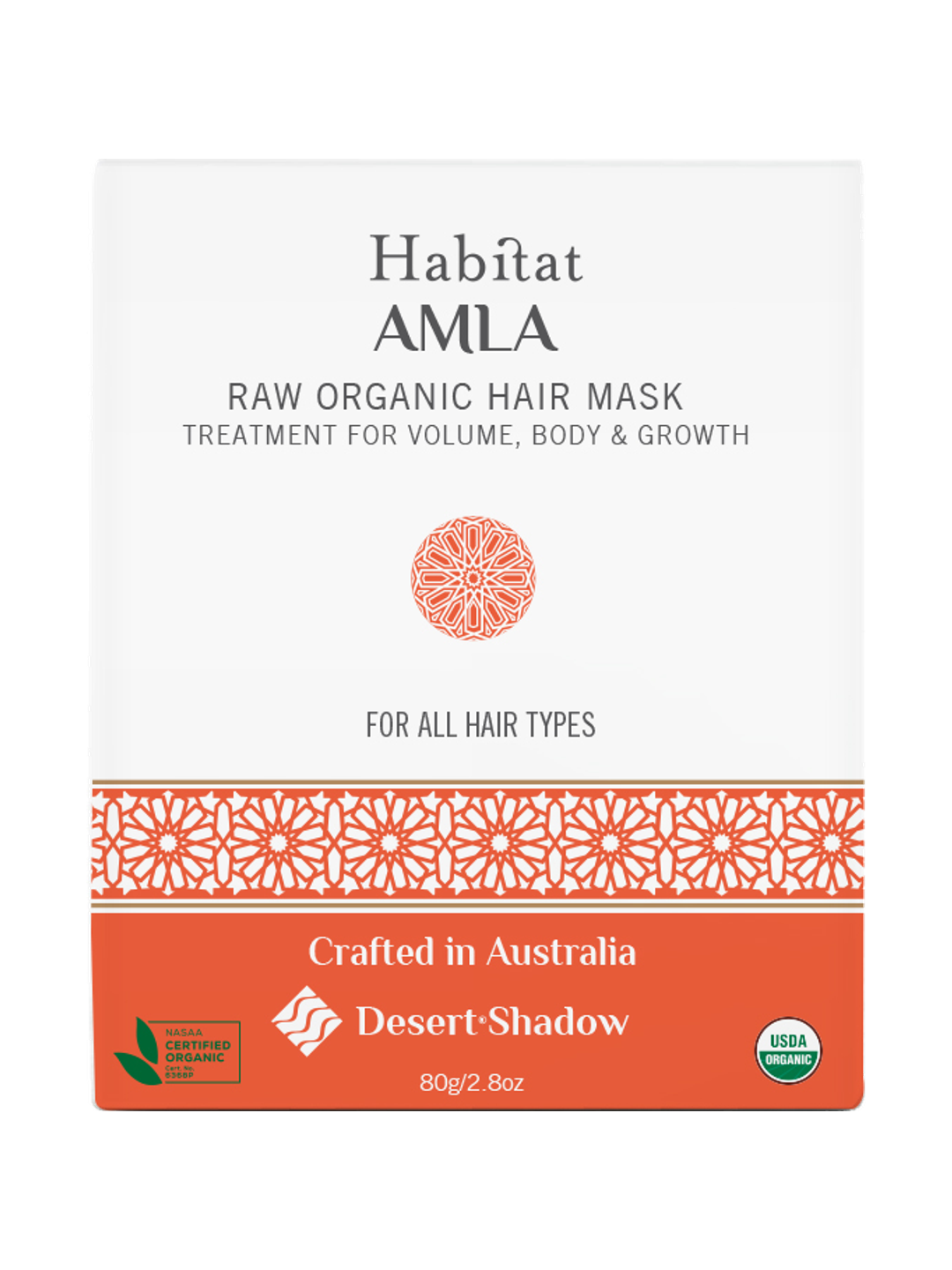 Desert Shadow Habitat Amla hair mask in a white rectangular pack with an orange patterned band, orange lower panel and circular motif.