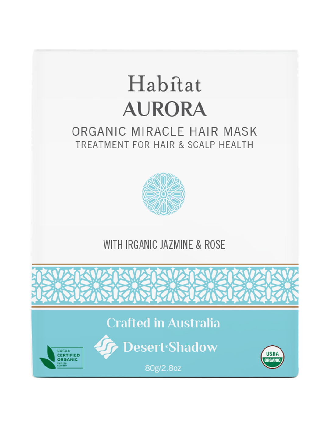 Desert Shadow Habitat Aurora Organic Hair Mask 80g front pack with a turquoise patterned band on a white background.