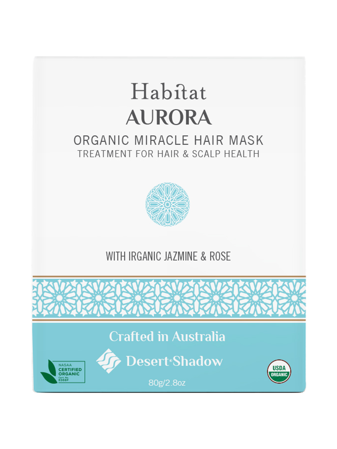 Desert Shadow Habitat Aurora Organic Hair Mask 80g front pack with a turquoise patterned band on a white background.