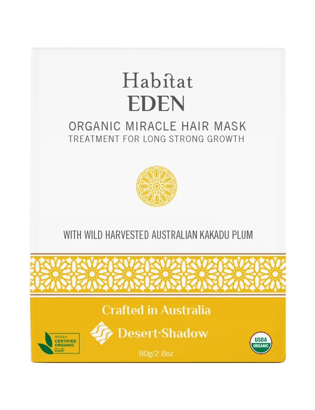 Desert Shadow Habitat Eden Organic Hair Mask 80g front pack with a yellow patterned band on a white background.