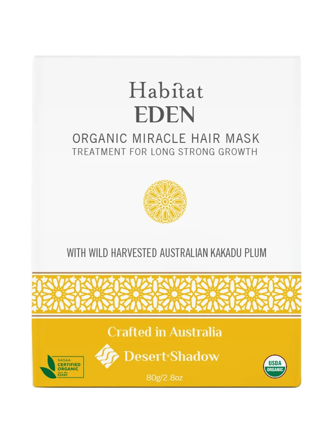 Desert Shadow Habitat Eden Organic Hair Mask 80g front pack with a yellow patterned band on a white background.