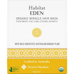 Desert Shadow Habitat Eden Organic Hair Mask 80g front pack with a yellow patterned band on a white background.