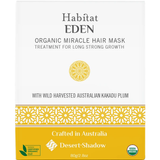 Desert Shadow Habitat Eden Organic Hair Mask 80g front pack with a yellow patterned band on a white background.