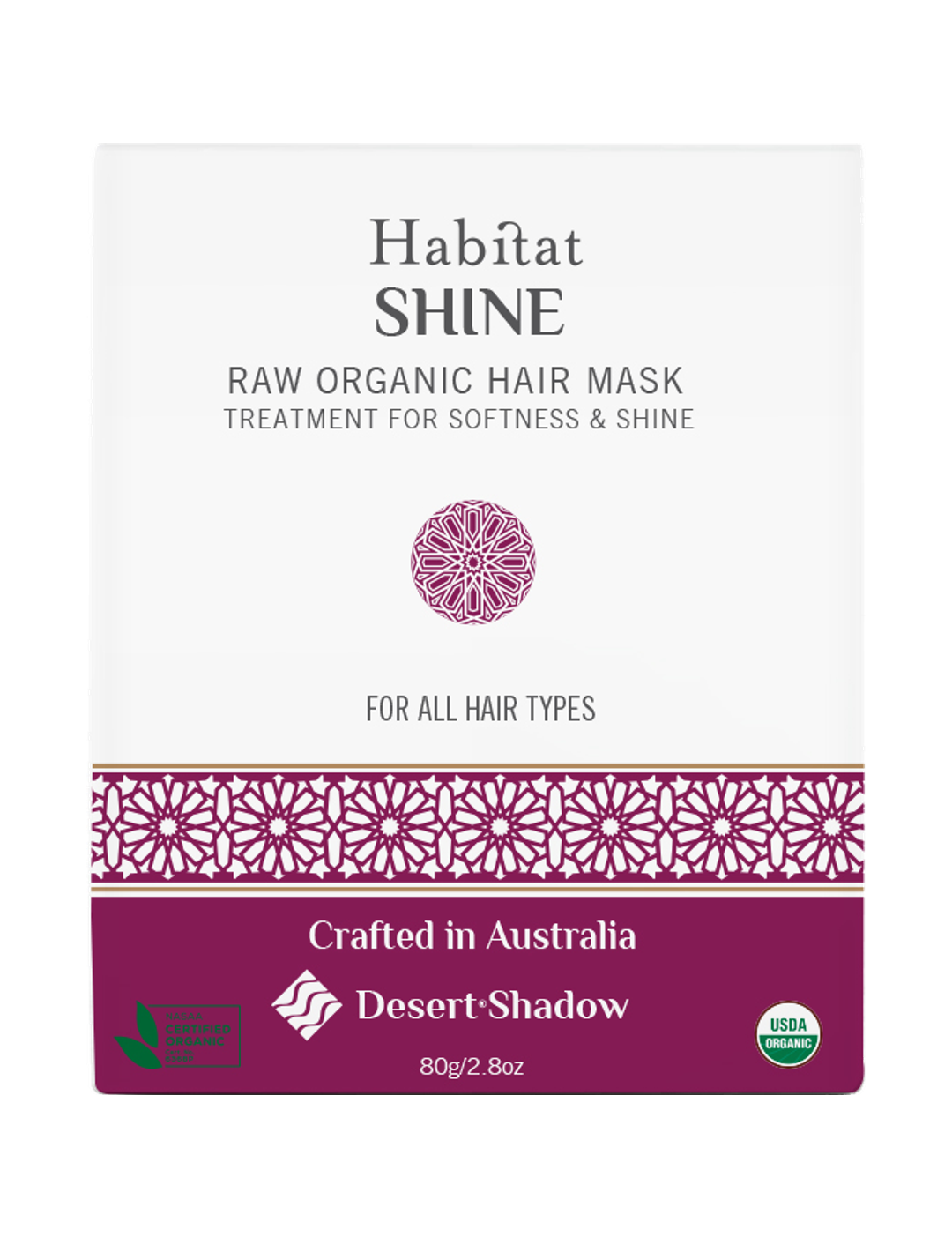 Desert Shadow Habitat Shine Raw Hair Mask 80g front pack with a burgundy patterned band on a white background.