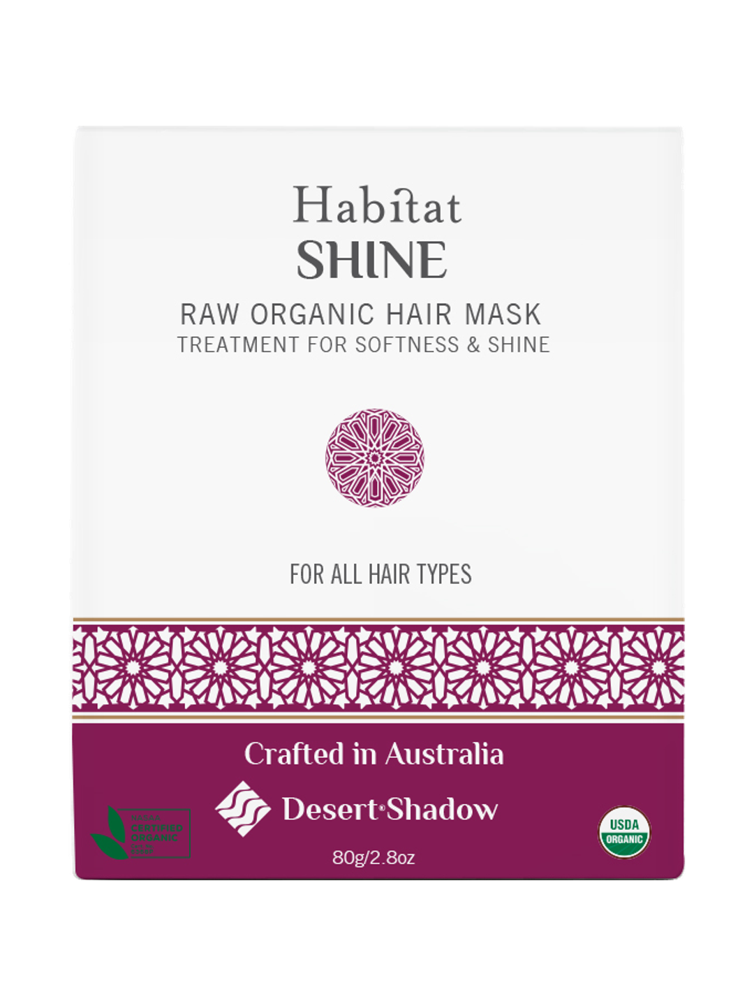 Desert Shadow Habitat Shine Raw Hair Mask 80g front pack with a burgundy patterned band on a white background.