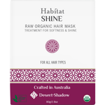 Desert Shadow Habitat Shine Raw Hair Mask 80g front pack with a burgundy patterned band on a white background.