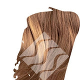 Close-up of light brown hair with golden highlights for Desert Shadow Honey Shadow, cropped into a brushstroke shape with the brand's pale geometric logo overlaid.
