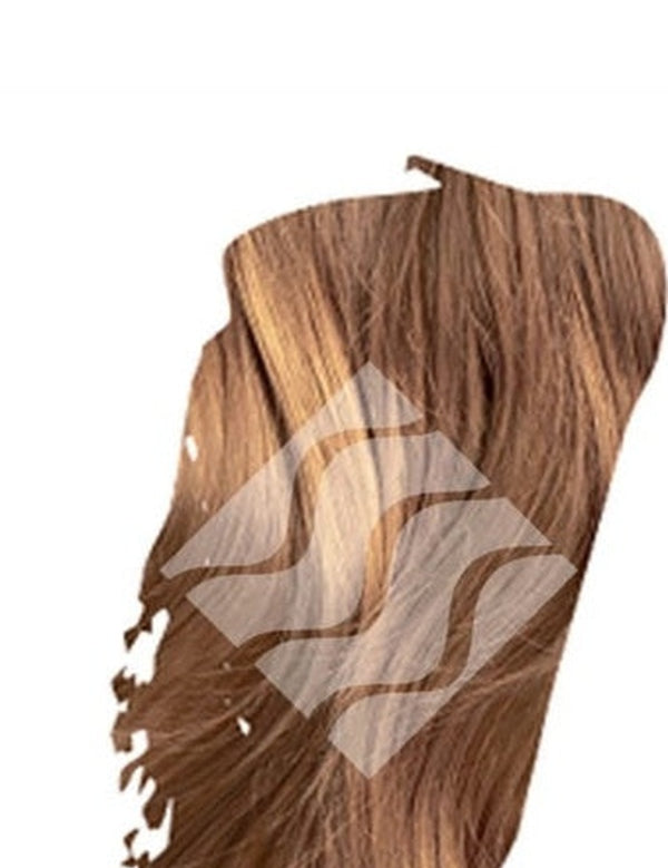 Close-up of light brown hair with golden highlights for Desert Shadow Honey Shadow, cropped into a brushstroke shape with the brand's pale geometric logo overlaid.