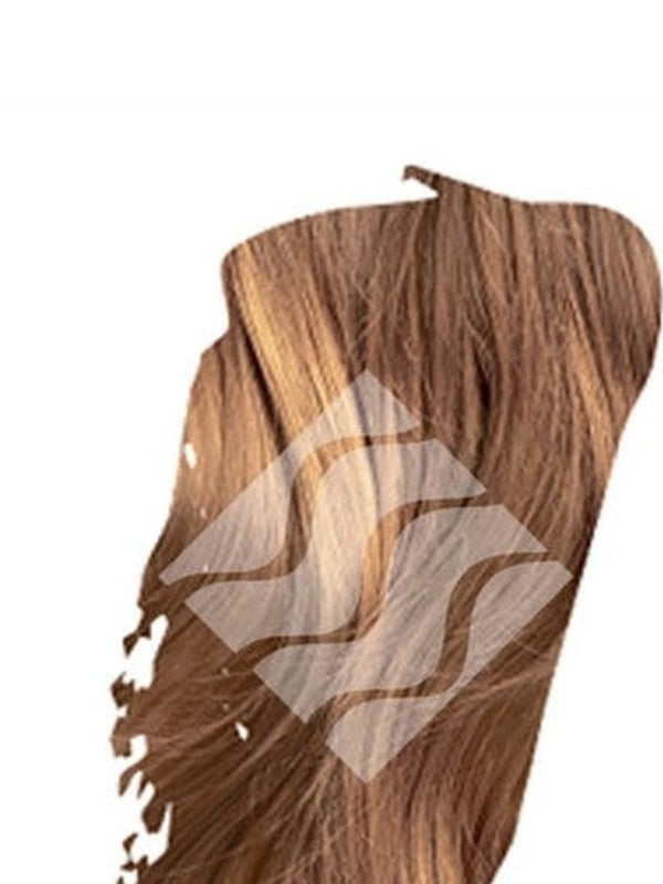Close-up of light brown hair with golden highlights for Desert Shadow Honey Shadow, cropped into a brushstroke shape with the brand's pale geometric logo overlaid.