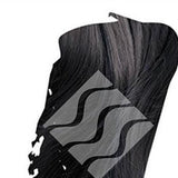 Close-up of blue-black hair with silvery highlights for Desert Shadow Indigo Shadow, cropped into a brushstroke shape with the brand's pale geometric logo overlaid.