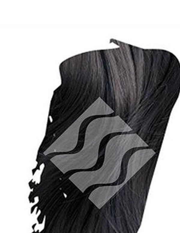 Close-up of blue-black hair with silvery highlights for Desert Shadow Indigo Shadow, cropped into a brushstroke shape with the brand's pale geometric logo overlaid.