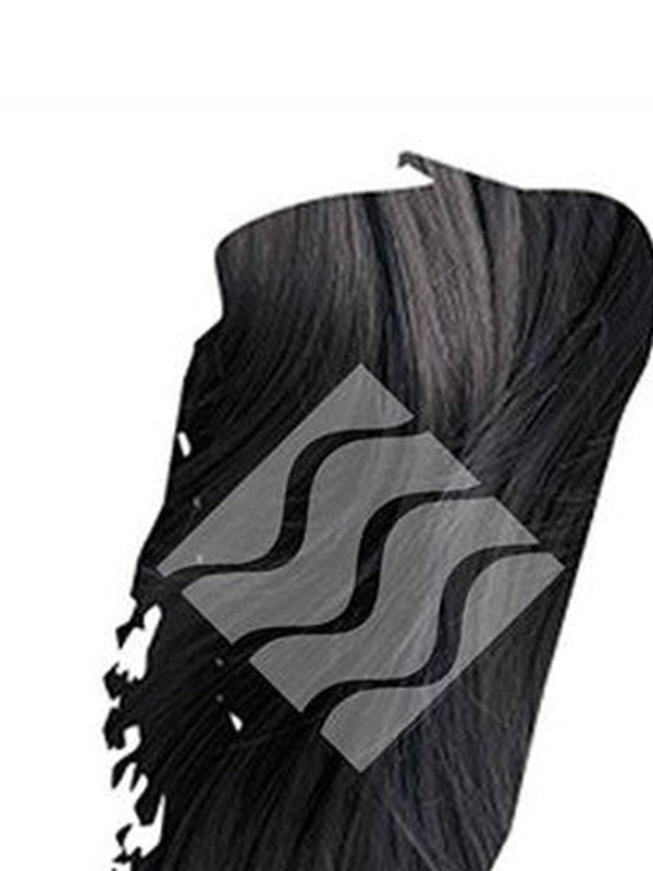 Close-up of blue-black hair with silvery highlights for Desert Shadow Indigo Shadow, cropped into a brushstroke shape with the brand's pale geometric logo overlaid.