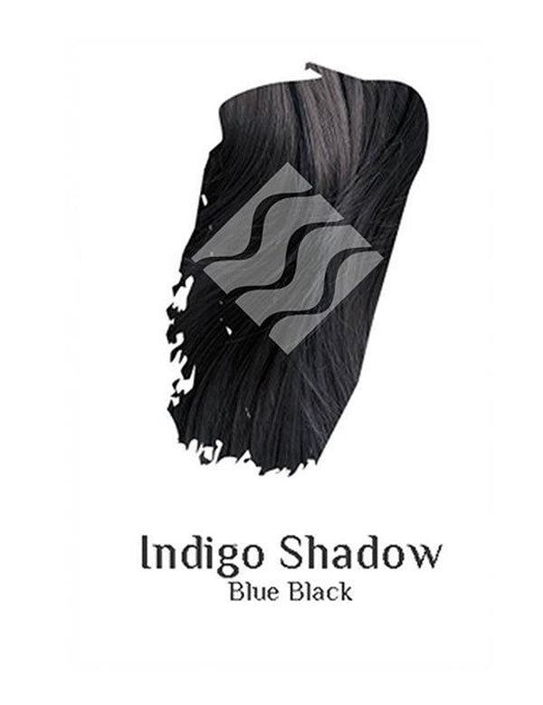 Desert Shadow Organic Hair Colour – official Blue Black hair-colour result swatch, shade Indigo Shadow, SKU Indi-100