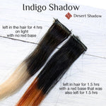 Desert Shadow Organic Hair Colour – official Indigo hair-strand timing and colour comparison, shade Indigo Shadow, SKU Indi-100