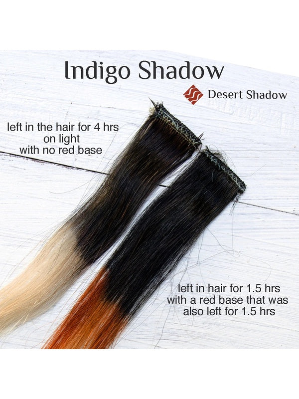 Desert Shadow Organic Hair Colour – official Indigo hair-strand timing and colour comparison, shade Indigo Shadow, SKU Indi-100