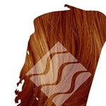 Close-up of copper-red hair with golden highlights for Desert Shadow Red Shadow, cropped into a brushstroke shape with the brand's pale geometric logo overlaid.