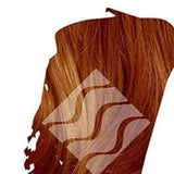Close-up of copper-red hair with golden highlights for Desert Shadow Red Shadow, cropped into a brushstroke shape with the brand's pale geometric logo overlaid.