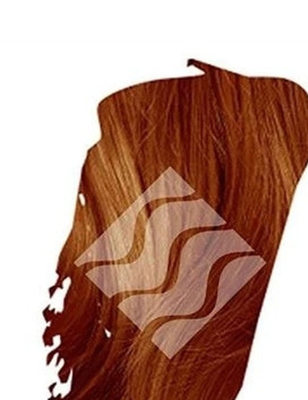 Close-up of copper-red hair with golden highlights for Desert Shadow Red Shadow, cropped into a brushstroke shape with the brand's pale geometric logo overlaid.